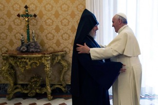 Pope Francis embraces Catholicos Karekin II, head of the Armenian Apostolic Church, during a meeting at Vatican. (CNS photo/L'Osservatore Romano via Reuters)