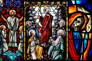 (From left:) Christ's ascent to heaven is depicted in a stained-glass window at 1) St. Clotilde Church in Chicago (Catholic News Service photo/Karen Callaway, Catholic New World); 2) St. Therese of Lisieux Church in Montauk, N.Y (Catholic News Service photo/Gregory A. Shemitz, Long Island Catholic); 3) St. Mary's Basilica in Winnipeg, Manitoba (Catholic News Service photo/Crosiers)