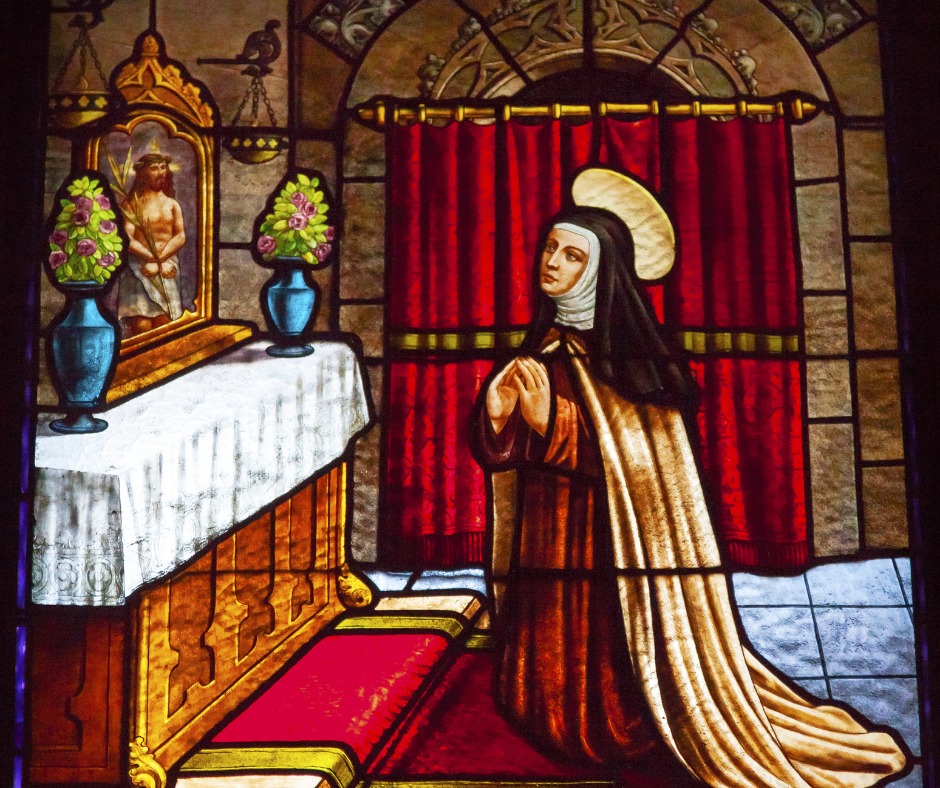 Stained glass image of St. Teresa of Avila.