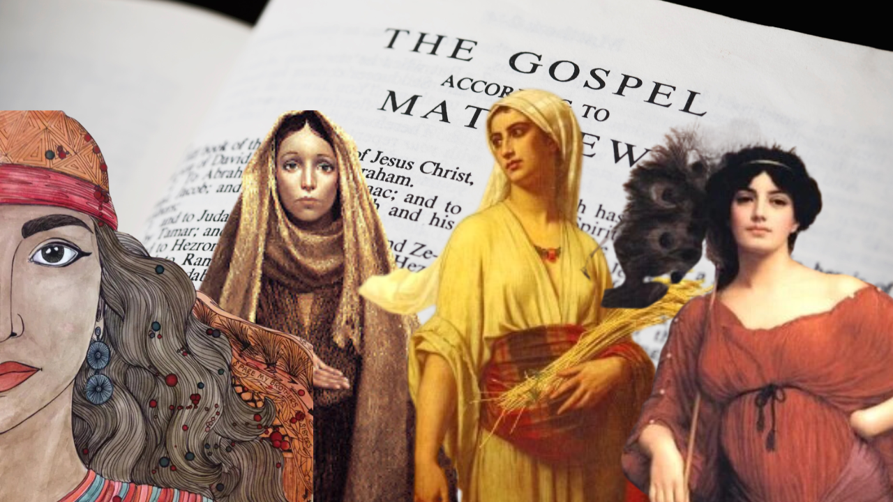 The cover photo depicts four major foremothers in the Old Testament:(Tamar, Rahab, Ruth, and Bathseba) layed over a picture of the Gospel of Matthew from a Bible.