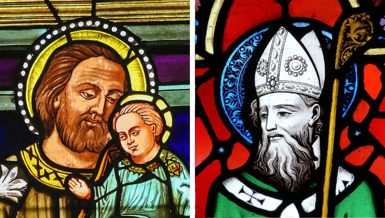 Side-by-side stained glass icons of St. Patrick and St. Joseph